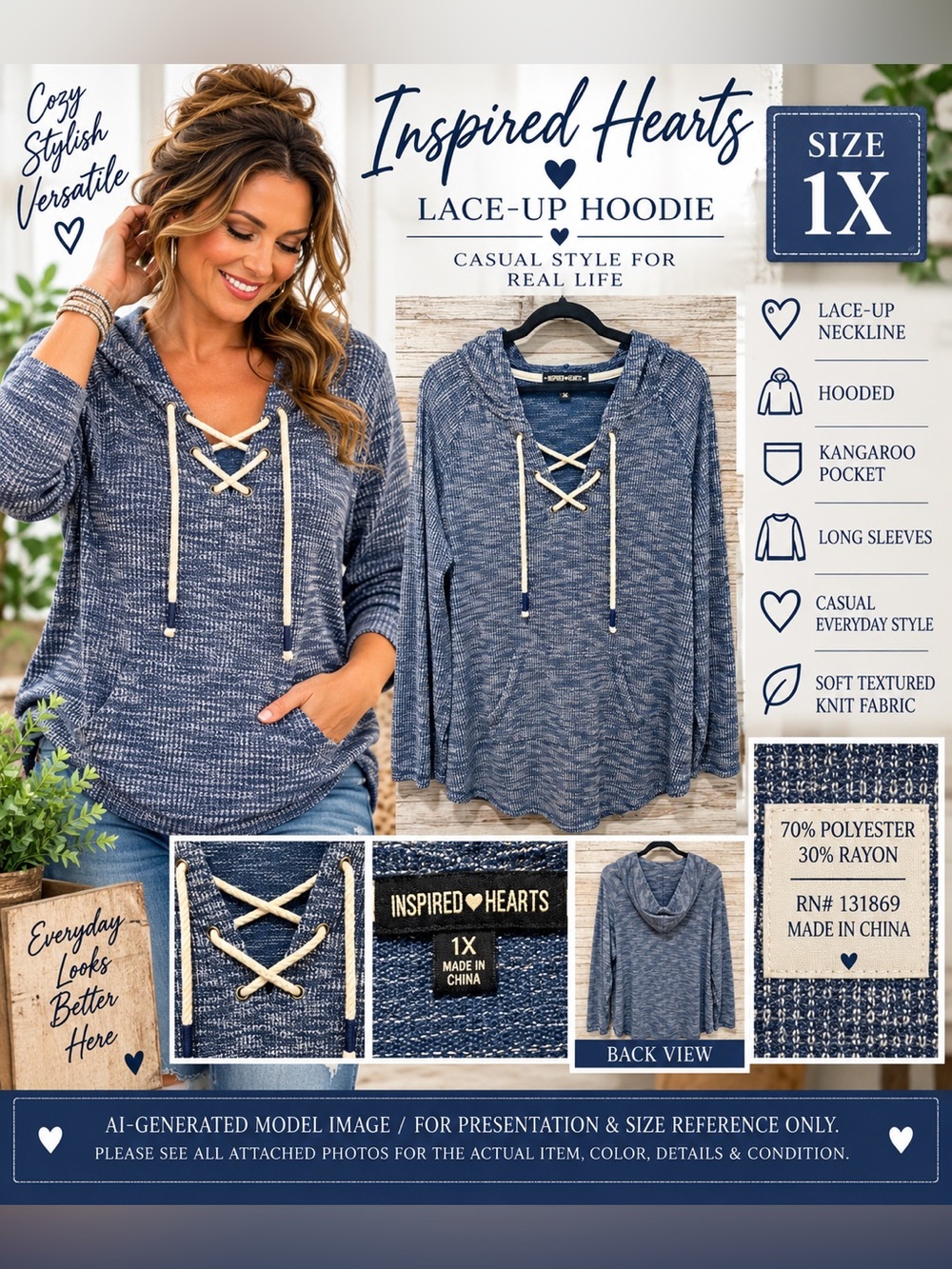 Inspired Hearts Blue White Marled Lace-Up Hoodie 1X
